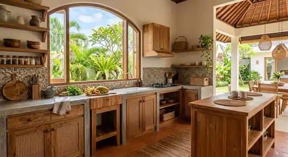 Kitchen Set Tropis dengan Material Kayu
